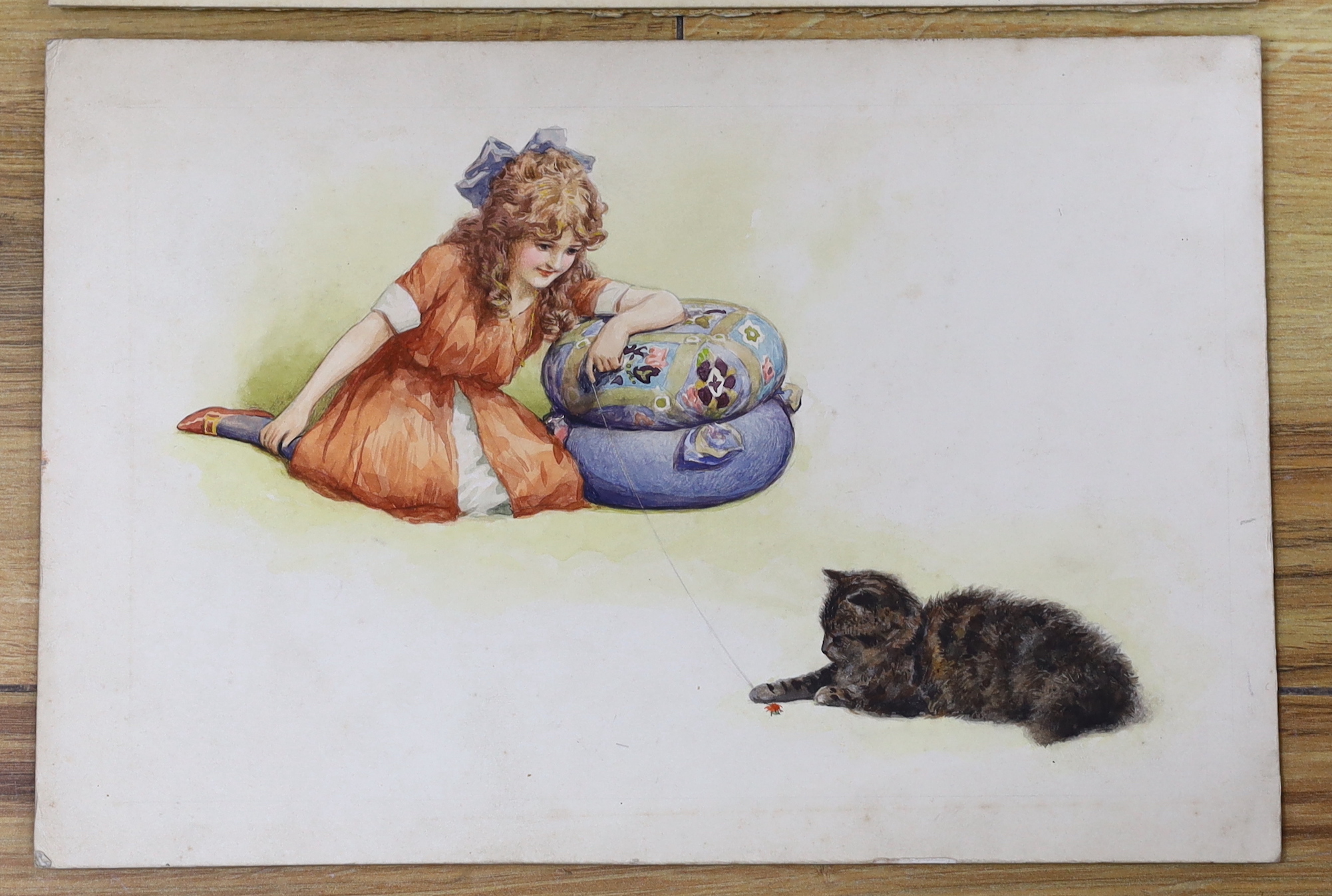 Charles Thomas Howard (1865-1942) three original watercolours for postcard designs, Children with dogs and cats, two signed, unframed, 19 x 27cm